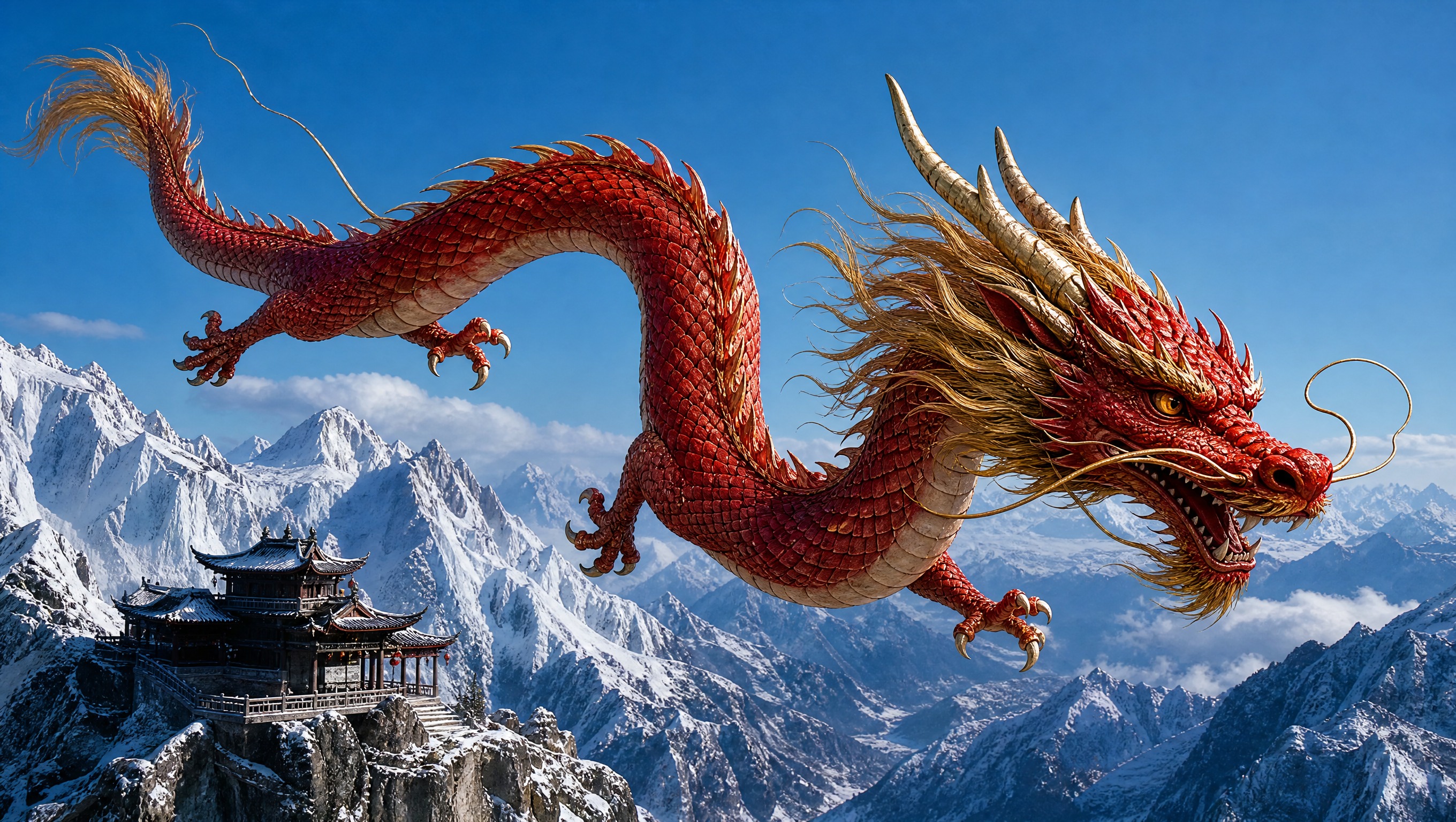 A fully visible vermilion dragon with crisp red scales and ivory horns sweeps above sunlit snow ridges and a cliffside timber temple.
